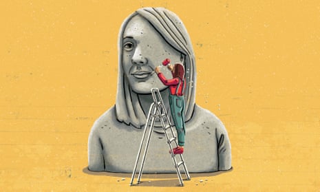 An illustration of a stone bust of a woman with a stonemason on a stepladder chiseling out her face