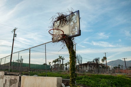 An abandoned basketball hoop.