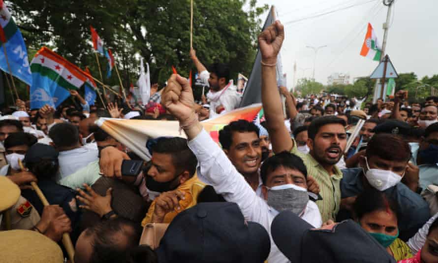 Activists from the opposition Congress party hold an anti-government protest in Jaipur on Thursday over the Pegasus project revelations.