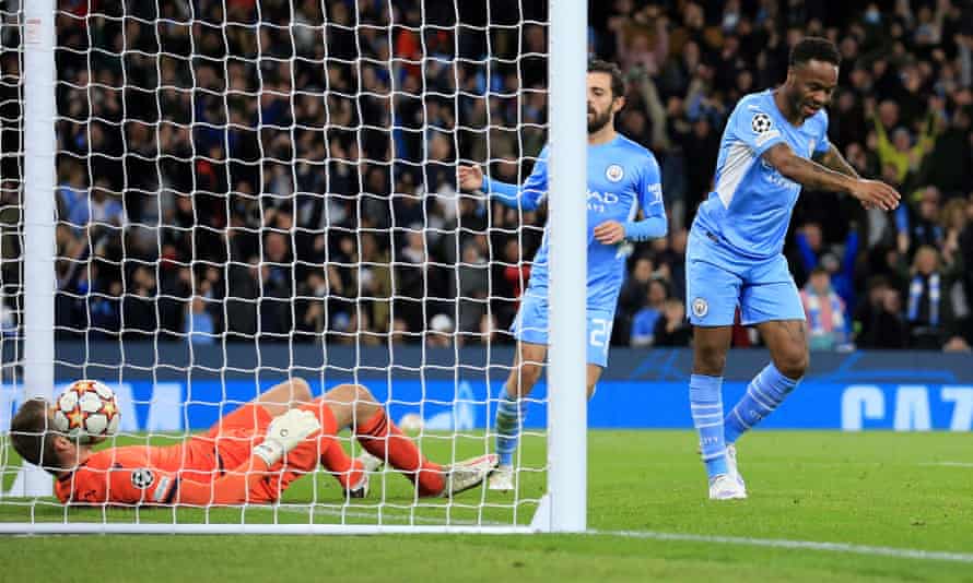 Raheem Sterling celebrates scoring in Manchester City’s convincing win