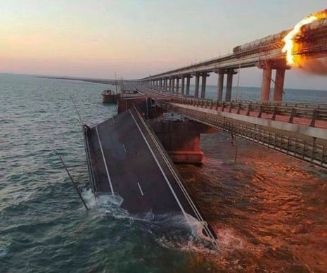 Fire on the Kerch bridge in the Kerch Strait, Crimea, Ukraine. 8 October 2022.
