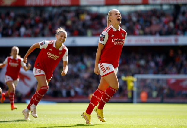 Arsenal’s Beth Mead celebrates opening the scoring against Tottenham.