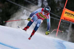 Aleksander Aamodt Kilde is airborne while skiing downhill