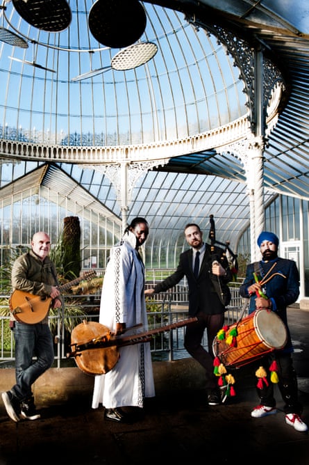 Afro Celt Sound System before their performance at the Celtic Connections festival, Glasgow, in 2016: from left, Simon Emmerson, N’Faly Kouyate, Griogair Labhruidh and Johnny Kalsi.