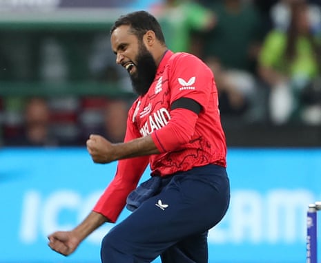 England’s Adil Rashid celebrates taking the wicket of Pakistan’s Mohammad Haris.
