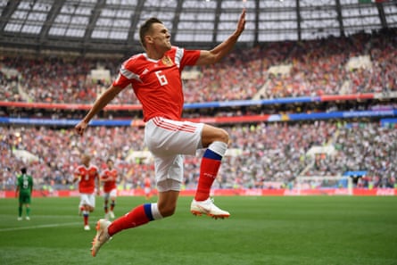 Denis Cheryshev celebrates after scoring the second goal against Saudi Arabia, arguably the best goal of the tournament.