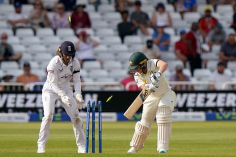 Australia’s Alyssa Healy is bowled for a duck by England’s Sophie Ecclestone during day one of the Women’s Ashes Test match between England and Australia at Trent Bridge.