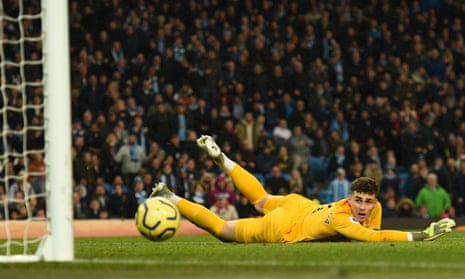 Chelsea’s goalkeeper Kepa Arrizabalaga watches as Sterling’s shot beats him only to be disallowed after a VAR review.