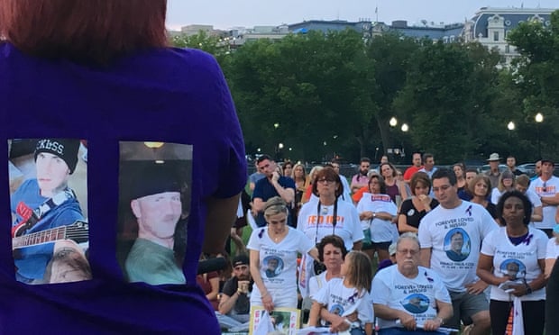Victoria Allendorf addressing the rally. The pictures on the back of her T-shirt are of her two sons – Terry, 22, and Zachary, 31 - who died of an opioid overdose on the same day.