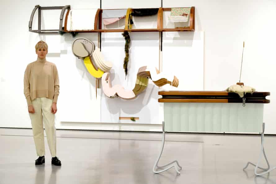 Helen Marten, winner of the inaugural Hepworth prize for sculpture with her artwork at the Hepworth Wakefield gallery in November