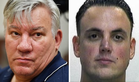 Composite image of headshots of a heavy-set man with grey hair in late middle age and a younger man with slicked-back hair