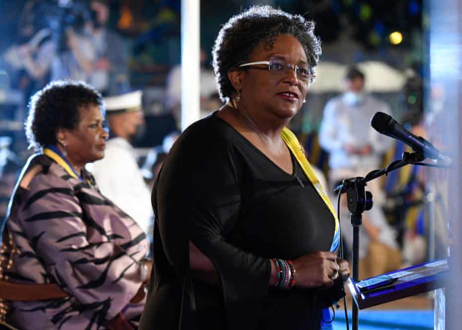 Mia Mottley addresses the crowd during the ceremony to declare Barbados a republic
