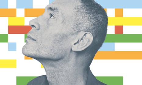 Graphic shows side portrait of a man looking to the sky, behind him is some blocks of colour.