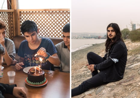 A composite picture of Halil Erdem lighting candles on a cake with friends on his 16th birthday, left, and sitting by the water in Izmir at 20.