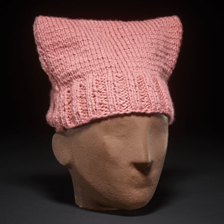 A pink knitted pussy hat worn at the women’s march in Washington in 2017 in protest at Donald Trump’s inauguration.