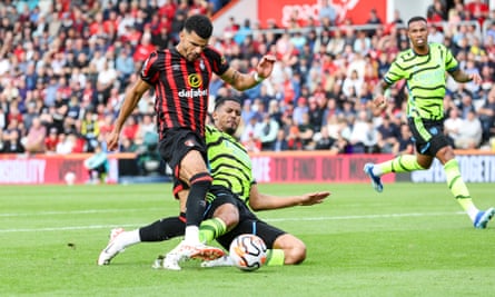 William Saliba slides in to deny Dominic Solanke during Arsenal’s win at Bournemouth.