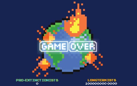 The words GAME OVER superimposed on a pixellated, exploding globe, with scores for the pro-extinctionists and the longtermists beneath