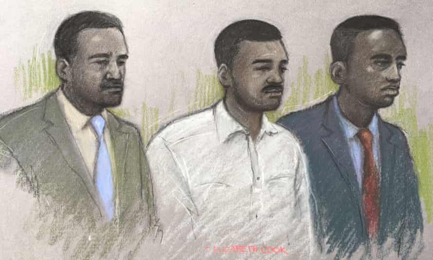 A court sketch of (from left) Merse Dikanda, Jonathan Okigbo and George Koh
