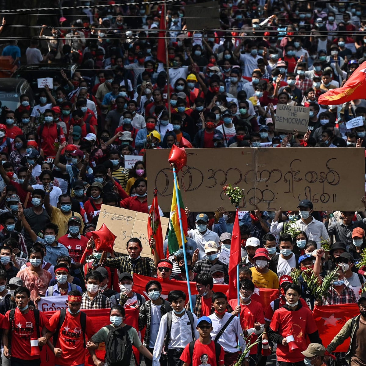Myanmar Tens Of Thousands March Against Military Coup For Second Day Myanmar The Guardian Myanmar Tens Of Thousands March Against Military Coup For Second Day Myanmar The Guardian