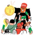 Trump wearing a red Maga hat and holding up a big gold coin that has the letter “T” on it as people below him scramble to bid on it