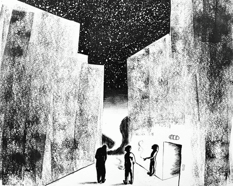 plastic: A Poem by Matthew Rice. Sketched figures smoking at night outside a factory