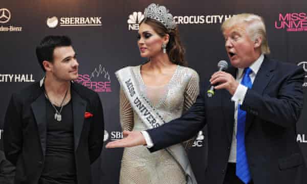 Donald Trump at the Miss Universe 2013 beauty contest with Venezuela’s Gabriela Isler and Emin Agalarov in Moscow, Russia.