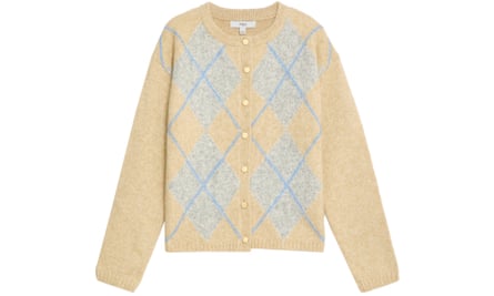 A pale lemon and grey argyle patterned cardigan with small cream buttons