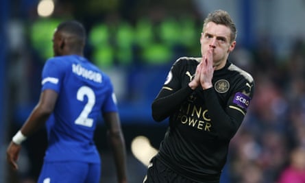 Jamie Vardy reacts to a missed chance – one of 12 attempts on goal Leicester created in the first half.
