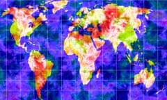A vector illustration of a world map showing changes in Earth's temperature, including tropical cyclones, strong hurricanes, and heavy precipitation.