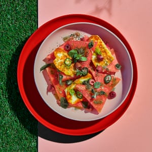 Watermelon with fried halloumi and za’atar by Sami Tamimi.