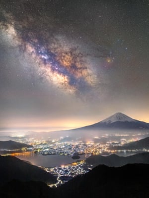 Mt. Fuji and the Milky Way over Lake Kawaguchi - Takemochi Yuki, Yamanashi Prefecture, Japan