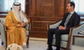Bashar al-Assad (right) meets the Saudi ambassador to Jordan, Nayef al-Sadiri, in Damascus on 10 May to receive an invitation to attend the Arab League