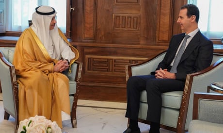 Bashar al-Assad (right) meets the Saudi ambassador to Jordan, Nayef al-Sadiri, in Damascus on 10 May to receive an invitation to attend the Arab League
