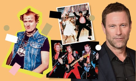 (Clockwise from right) Aaron Eckhart; Judas Priest; Adrian Edmondson in The Young Ones; and Olivia Newton-John and John Travolta in Grease