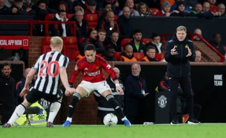 NewcastleâÂÂs manager Eddie Howe reacts as he watches Manchester UnitedâÂÂs Antony in action against Lewis Hall