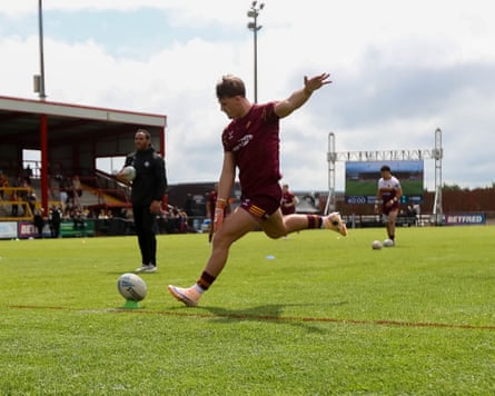 Huddersfield Giants rugby league player George Flanagan Jr practises his goal-kicking in the warm up to his team’s Super League game against Toulouse.