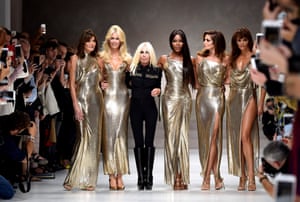 Carla Bruni, Claudia Schiffer, Naomi Campbell, Cindy Crawford, Helena Christensen and Donatella Versace walk the runway at the Versace show