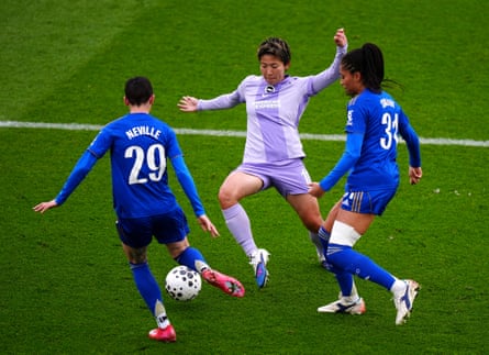 Leicester’s Ashleigh Neville makes a tackle