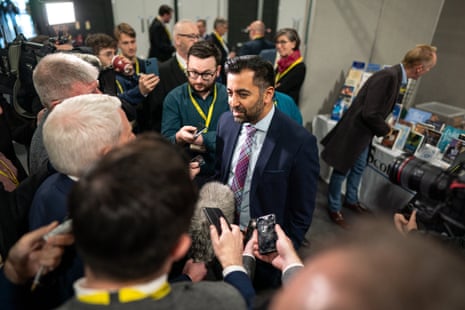 Humza Yousaf speaking to the media at the SNP conference yesterday.