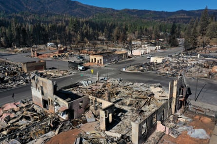 The remains of homes and businesses that were destroyed by the Dixie fire in Greenville, California.