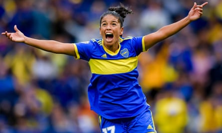 Boca Juniors’ Mariana Gaitán celebrates after scoring against River Plate in April 2023.