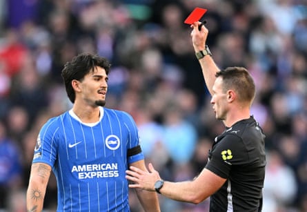 Pascal Struijk is given a red card for Brighton against Sunderland.