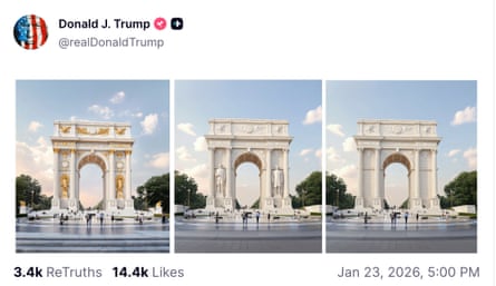 A social media post showing three arches