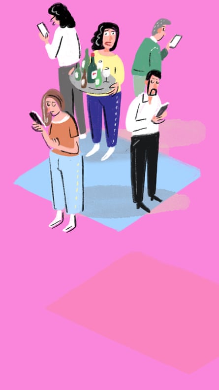 Illustration of woman holding tray of drinks surrounded by people with their backs to her looking at phones
