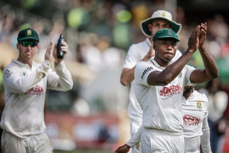 South Africa's Kagiso Rabada (right) applauds the fans after winning the third Test against Australia.