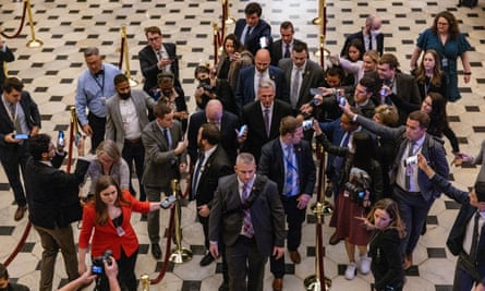US House Republican Leader Kevin McCarthy (R-CA) speaks to the media as he leaves the House chamber during the second day of the Speaker's election at the US Capitol on January 4, 2023 in Washington, DC. The House convenes to vote for the next Speaker after House Republican Leader Kevin McCarthy (R-Calif.) failed to gain more than 218 votes in three separate ballots on Tuesday, marking the first time in 100 years that a speaker has not been elected in a row. First ballot (Photo by Tasos Katopodis/Getty Images)