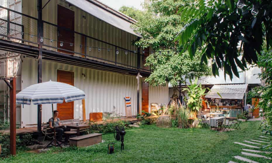 Garden area at The Yard Hostel, Bangkok, Thailand.