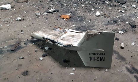 Wreckage of what Kyiv has described as an Iranian Shahed drone, downed near Kupiansk, Ukraine