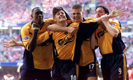 Michael Owen celebrates with Emile Heskey, Steven Gerrard and Robbie Fowler after scoring against Arsenal in the 2001 FA Cup final.