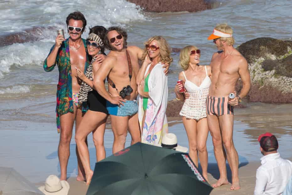 Julian McMahon, Radha Mitchell, Jeremy Sims, Asher Keddie, Kylie Minogue and Guy Pearce on the set of Flammable Children, at Snapper Rocks on the Gold Coast.